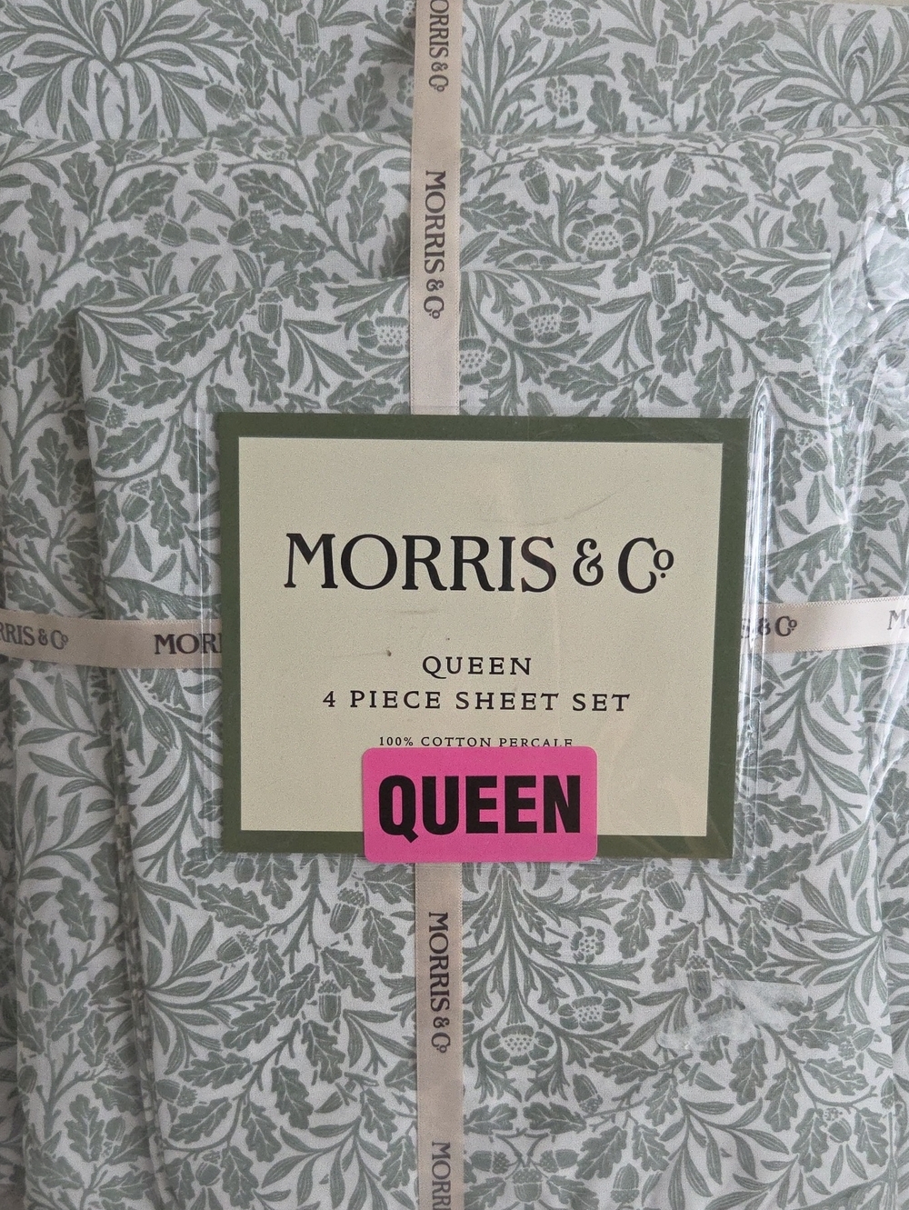 William Morris & Co QUEEN Sheet Set Acorn Leaf Green 100% Cotton Percale